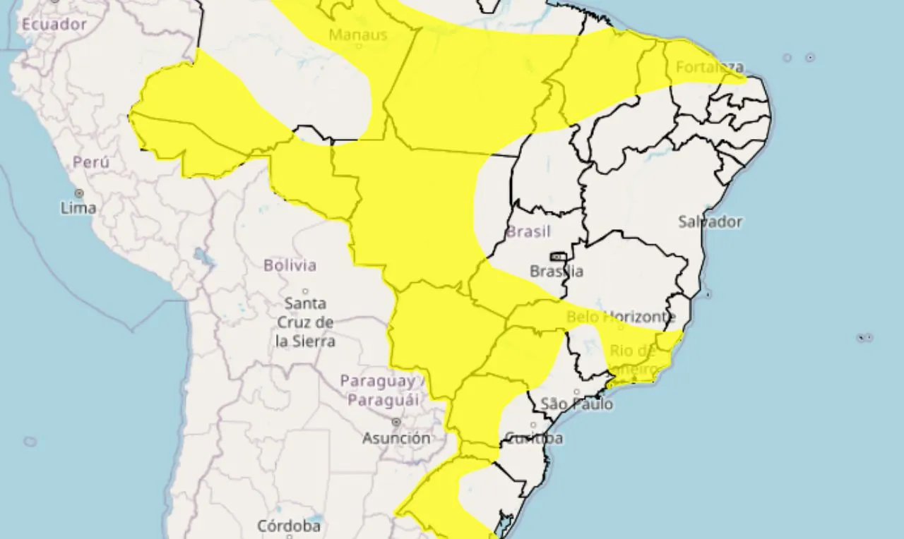 o mapa mostra &aacute;s &aacute;reas em alerta amarelo para chuva intensa